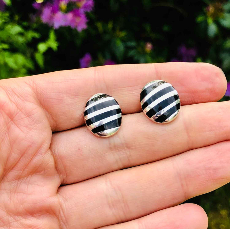 Vintage Solid Silver & Onyx Striped Cuff Links in Hand - Jewelleryhound