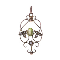 Edwardian 9ct Gold Peridot and Pearl Delicate Lavalier Pendant