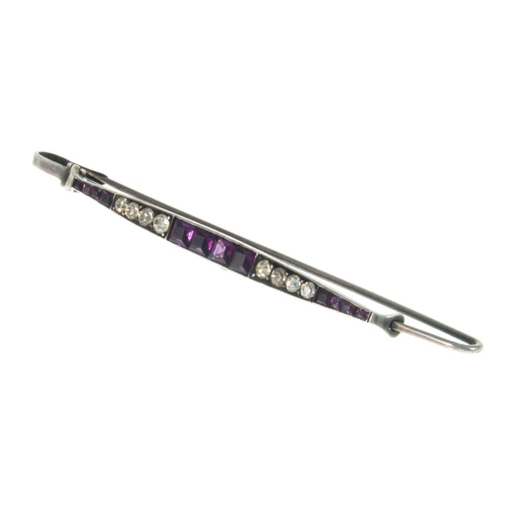 German Made Art Deco Silver Purple & Clear Paste Bar Brooch