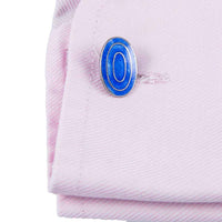 Vintage Art Deco Sterling Silver Royal Blue Oval 'Target' Enamel Cufflinks on Shirt