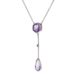 Antique Amethyst and Seed Pearl Silver Lavaliere Drop Necklace - Angle