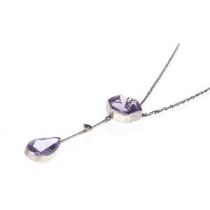 Antique Amethyst and Seed Pearl Silver Lavaliere Drop Necklace - Lying Flat