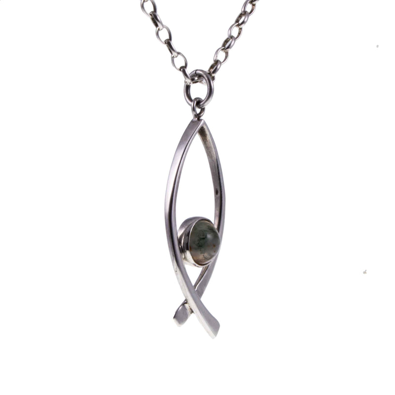 Vintage Sterling Silver Moss Agate Pendant by Malcolm Gray hanging at Angle