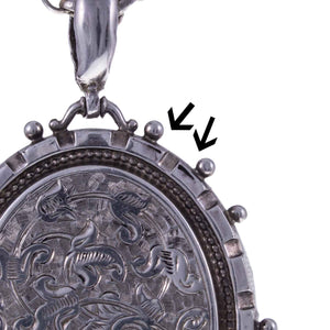 Large Victorian Engraved Silver Oval Locket - Wear Holes