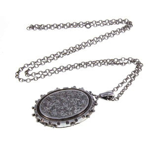 Large Victorian Engraved Silver Oval Locket and Chain