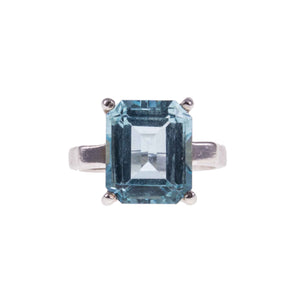Vintage Silver Large Synthetic Emerald Cut Aquamarine Solitaire Statement Ring