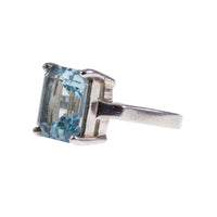 Vintage Silver Large Synthetic Emerald Cut Aquamarine Solitaire Statement Ring lying Flat