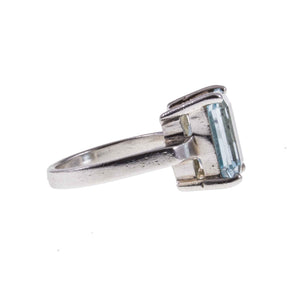 Side View of Vintage Silver Large Synthetic Emerald Cut Aquamarine Solitaire Statement Ring