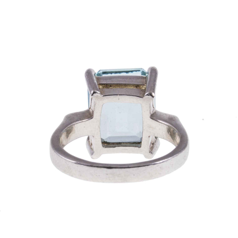 Back of Vintage Silver Large Synthetic Emerald Cut Aquamarine Solitaire Statement Ring