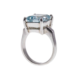 Profile of Vintage Silver Large Synthetic Emerald Cut Aquamarine Solitaire Statement Ring