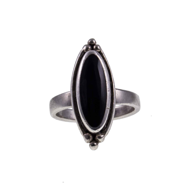 Face on view of Vintage Boho Style Black Onyx Silver Ring