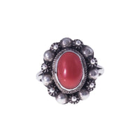 Boho Style Vintage Silver & Coral Ring  - Face On