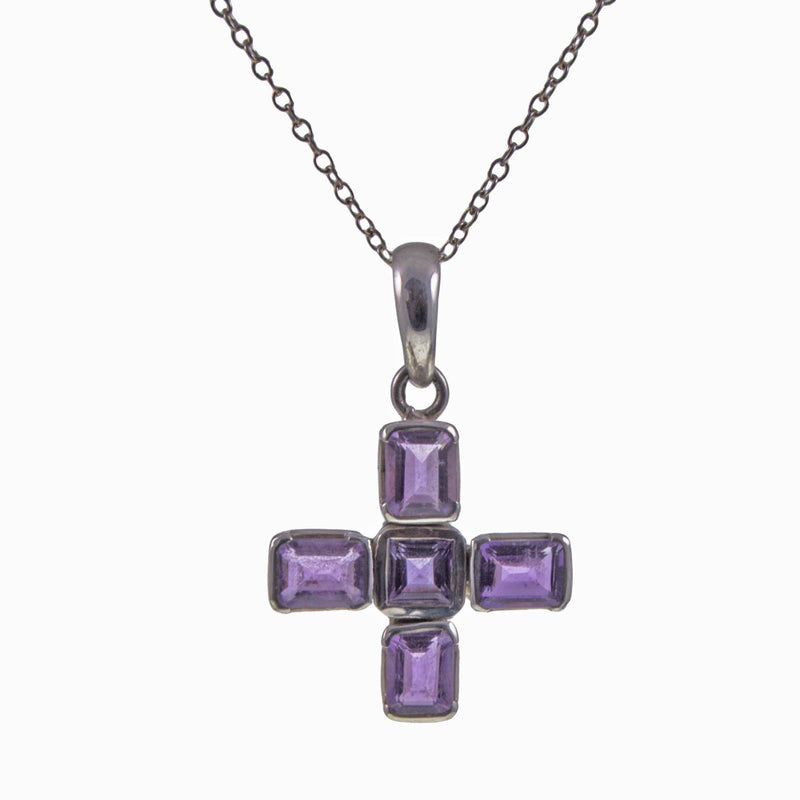 Face on view of Vintage Amethyst Set Silver Greek Cross with Chain