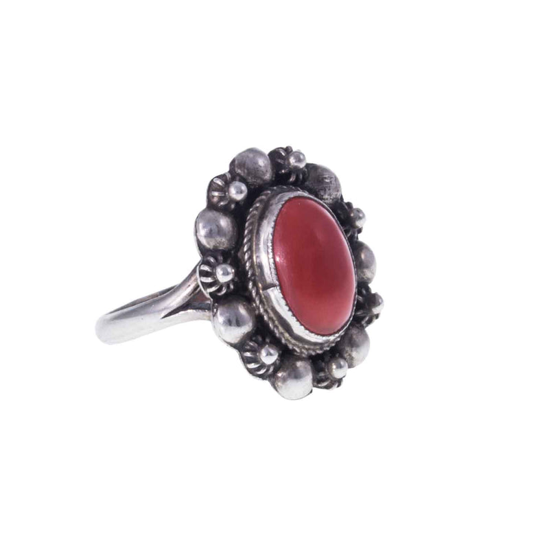 Boho Style Vintage Silver & Coral Ring - Facing Left