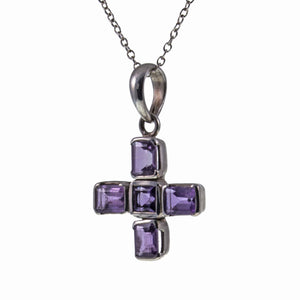 Vintage Amethyst Set Silver Greek Cross with Chain