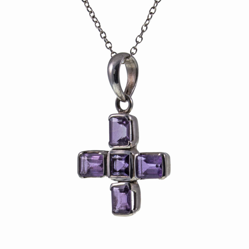 Vintage Amethyst Set Silver Greek Cross with Chain