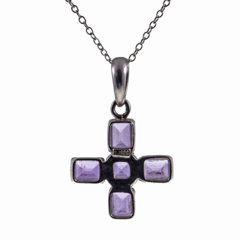 Back of Vintage Amethyst Set Silver Greek Cross with Chain