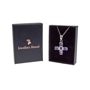 Vintage Amethyst Set Silver Greek Cross with Chain in Jewellery Hound Gift Box