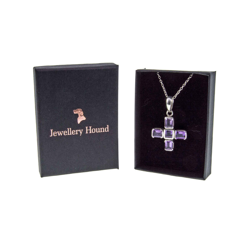 Vintage Amethyst Set Silver Greek Cross with Chain in Jewellery Hound Gift Box
