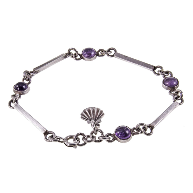 Dainty Cabochon Amethyst Silver Bracelet with Silver Shell Charm