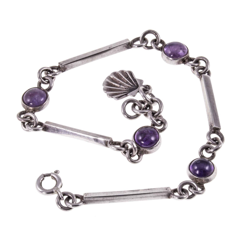 Dainty Cabochon Amethyst Silver Bracelet with Silver Shell Charm
