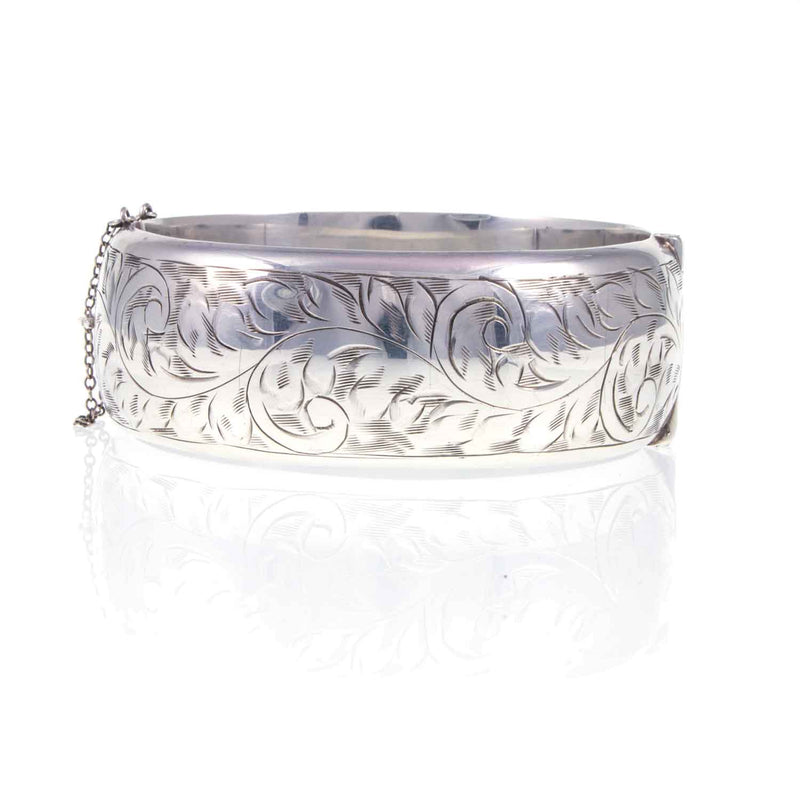 Vintage Sterling Silver Engraved Hinged Bangle - 1957