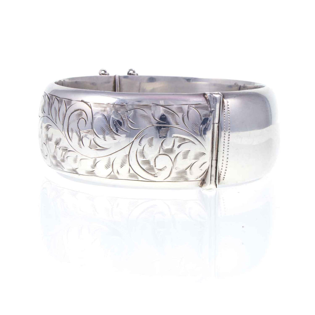 Vintage Sterling Silver Engraved Hinged Bangle - 1957 - Jewellery Hound