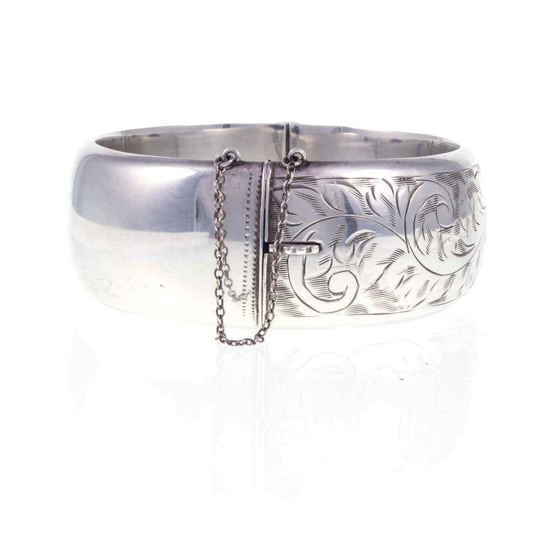 Vintage Sterling Silver Engraved Hinged Bangle - 1957 - Hinge