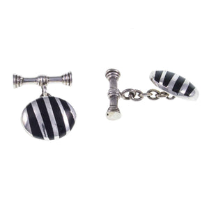 Vintage Solid Silver & Onyx Striped Cuff Links Front Side