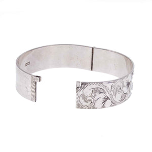 Vintage Sterling Silver Engraved Hinged Solid Bangle - Open