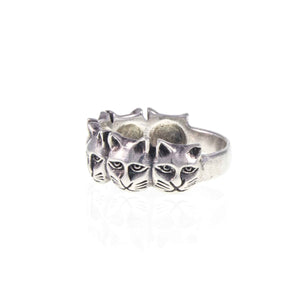 Adjoining Cat Head Vintage Silver Ring - Jewellery Hound