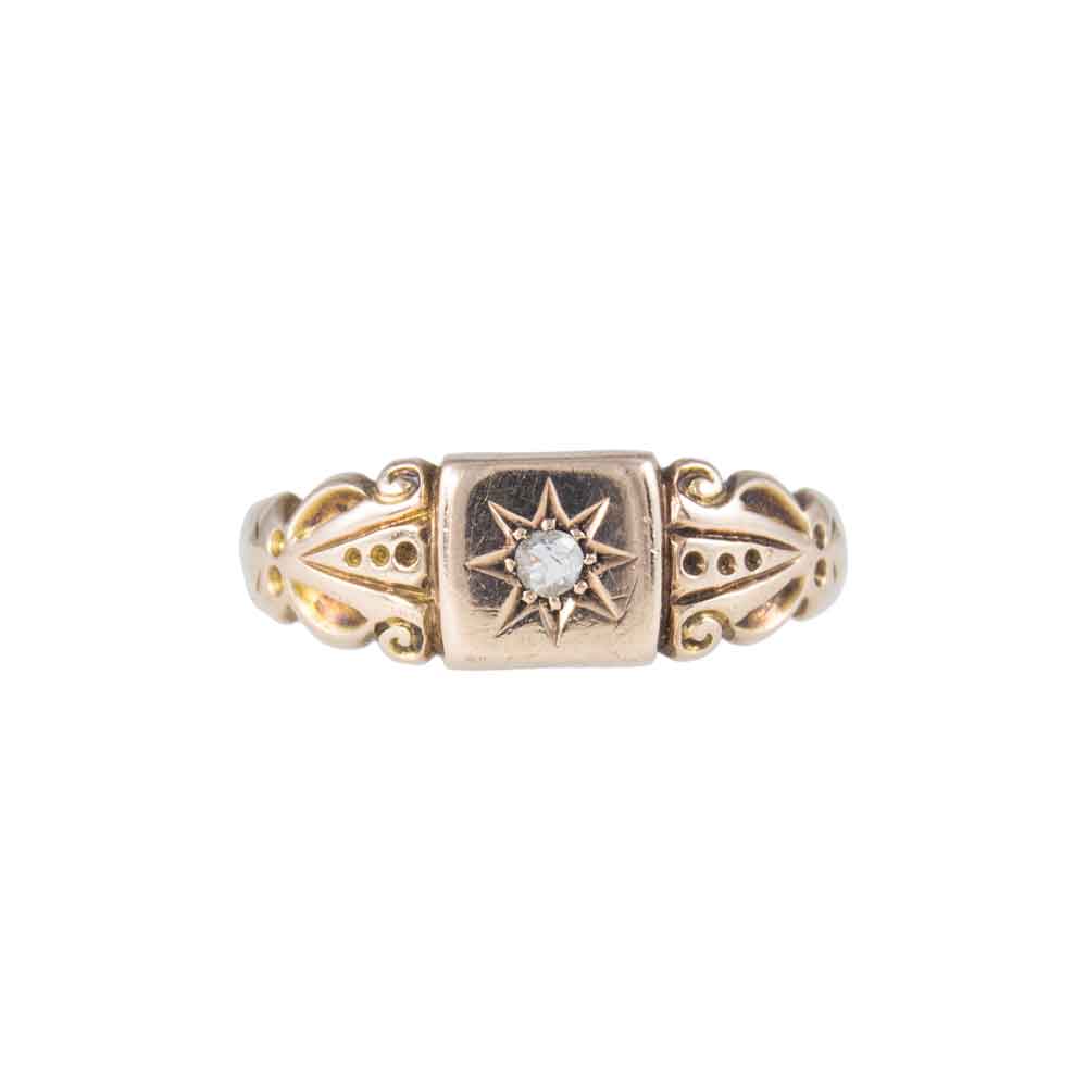 Front View Dainty Antique 9ct Rose Gold Star Set Diamond Signet Ring