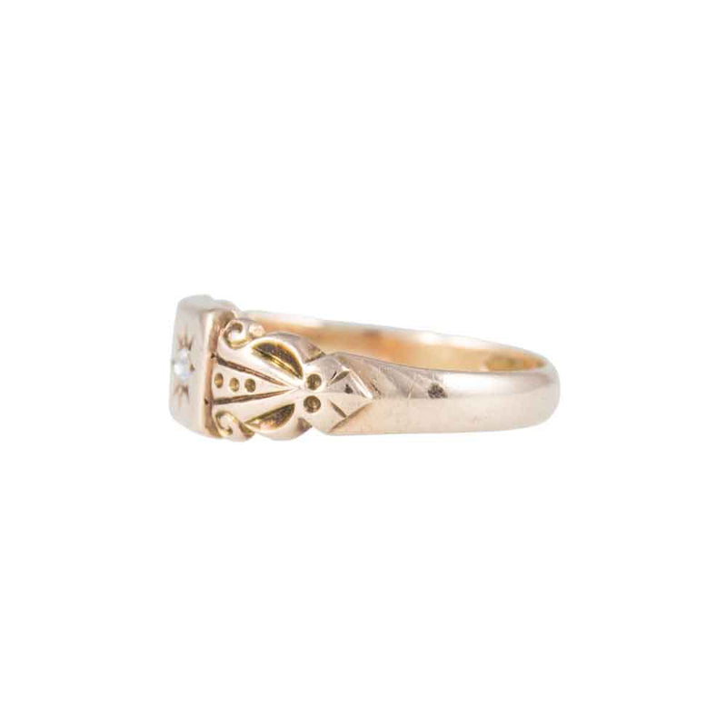 Side on View of Dainty Antique 9ct Rose Gold Star Set Diamond Signet Ring