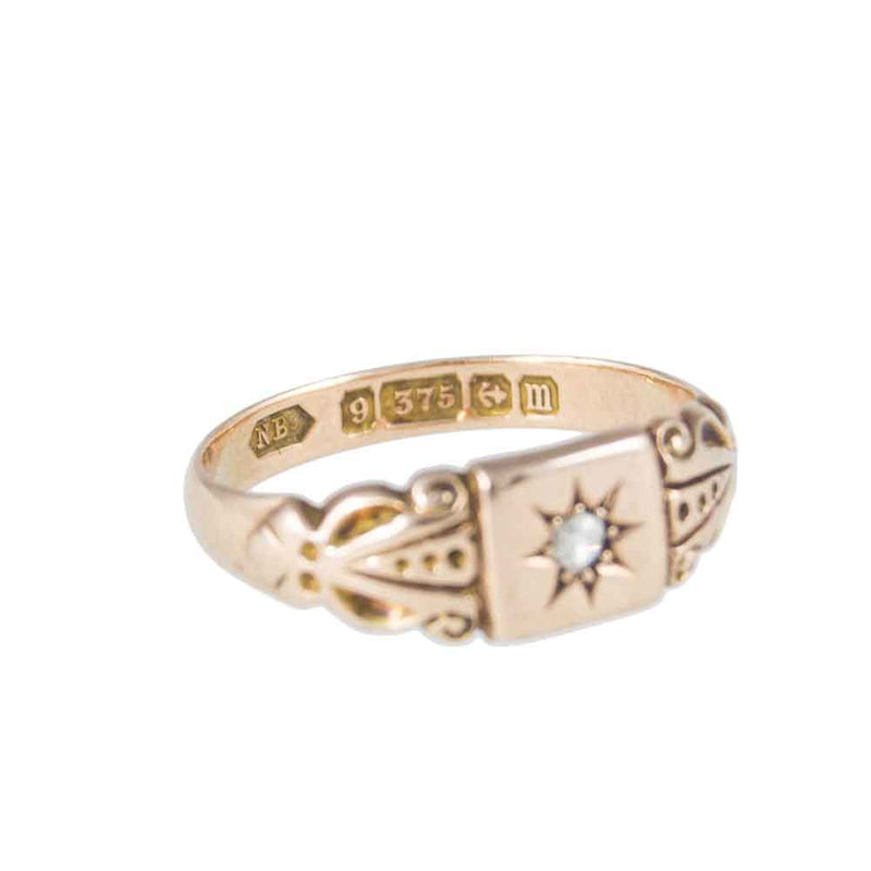 Hallmark of Dainty Antique 9ct Rose Gold Star Set Diamond Signet Ring