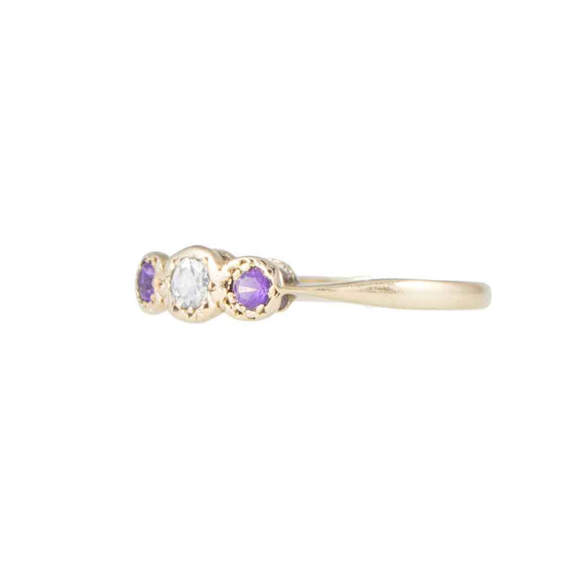 Angle View Vintage Amethyst and Diamond Three Stone Ring