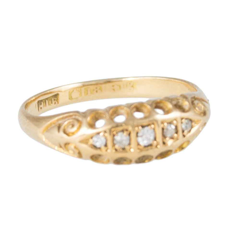 High Angle View of Antique 18ct Yellow Gold 5 Stone Diamond Ring