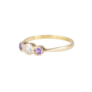 High Angled View of Vintage Amethyst and Diamond Three Stone Ring