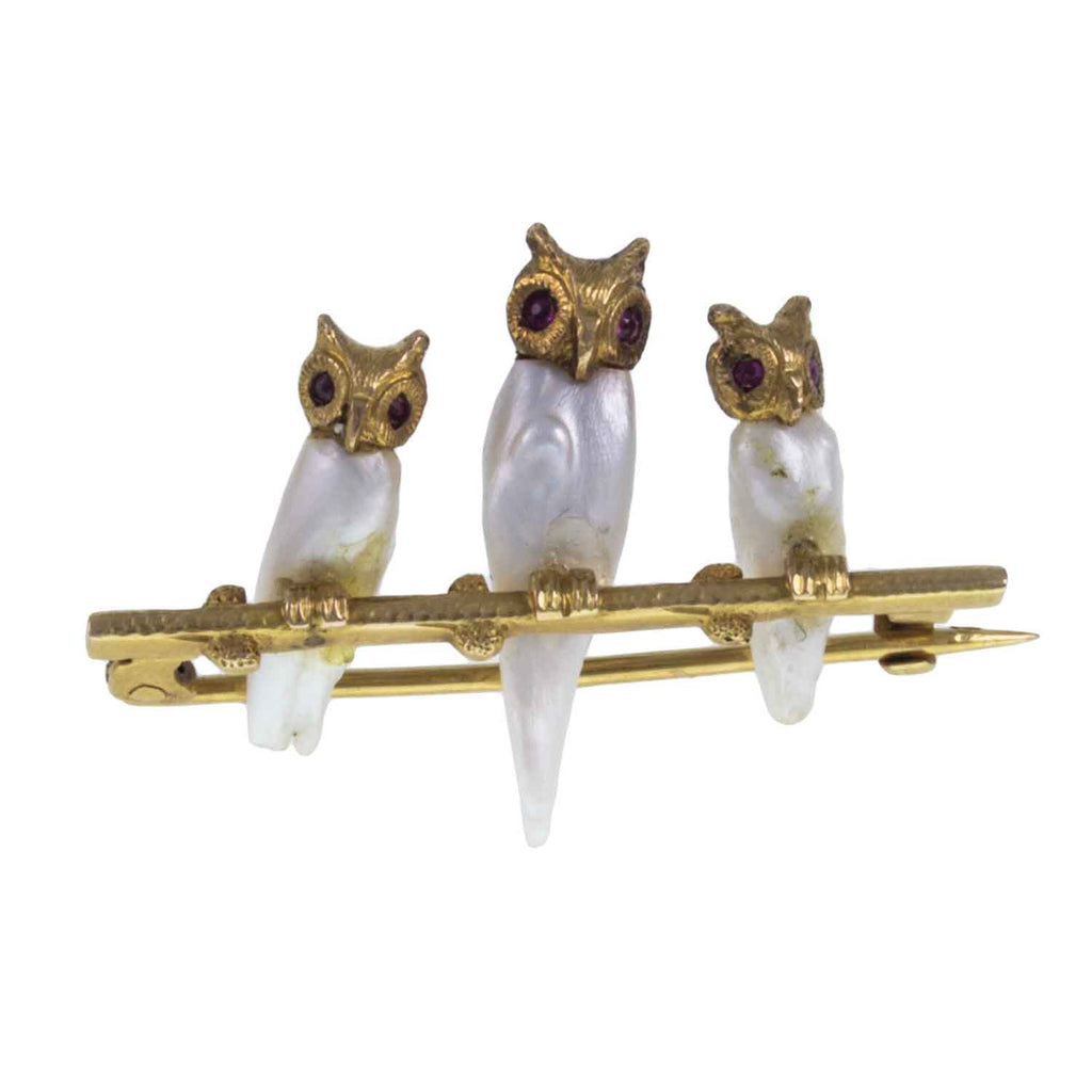18ct Gold Ruby & Pearl Owl Brooch. c.1900