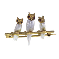 18ct Gold Ruby & Pearl Owl Brooch. c.1900