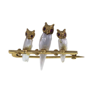 18ct Gold Ruby & Baroque Pearl Owl Brooch. c.1900 