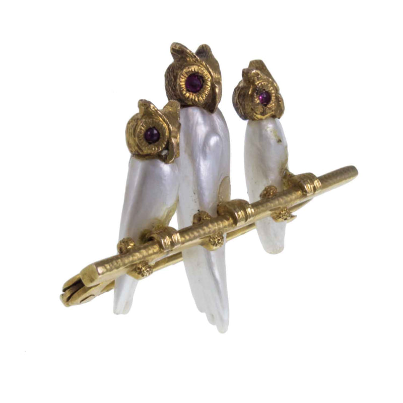 18ct Gold Ruby & Pearl Owl Brooch. c.1900 Angle