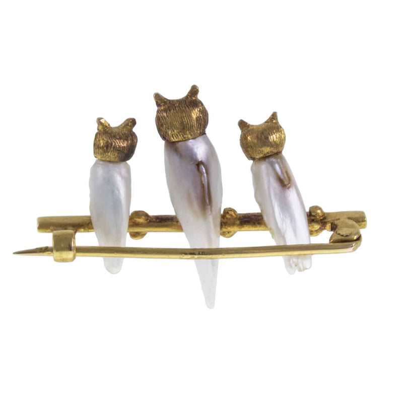 18ct Gold Ruby & Pearl Owl Brooch. c.1900 from Behind