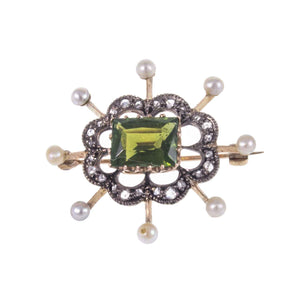 Vintage C.1930s 9ct Gold Peridot, Pearl and Diamond Brooch