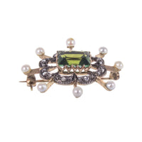 Vintage  9ct Gold Peridot, Pearl and Diamond Brooch Flat