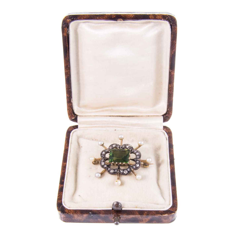 Vintage  9ct Gold Peridot, Pearl and Diamond Brooch Box