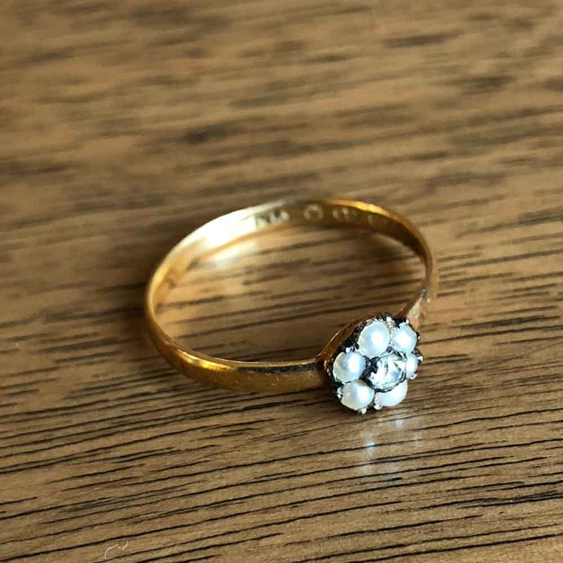 Victorian 22ct Gold Pearl & Citrine Daisy Cluster Ring with Wood Back Ground