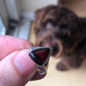 Modernist Design Red Amber Silver Ring wit Dog in Back Ground