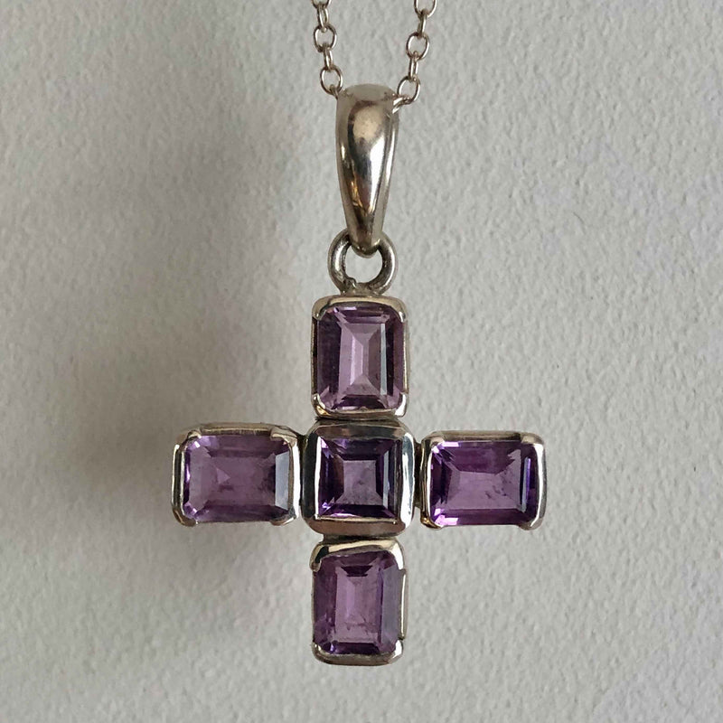 Vintage Amethyst Set Silver Greek Cross with Chain with Grey Backing