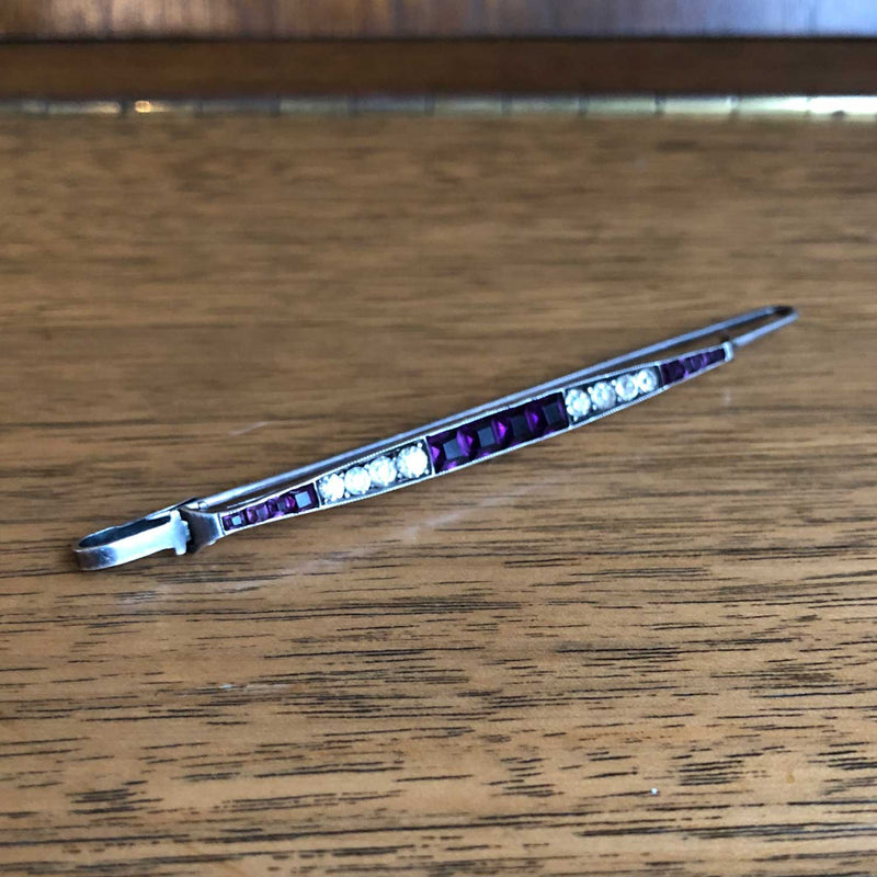 German Made Art Deco Silver Purple & Clear Paste Bar Brooch 04