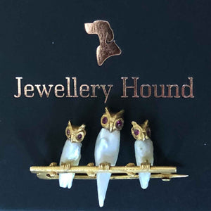 18ct Gold Ruby & Pearl Owl Brooch. c.1900 Jewellery Hound